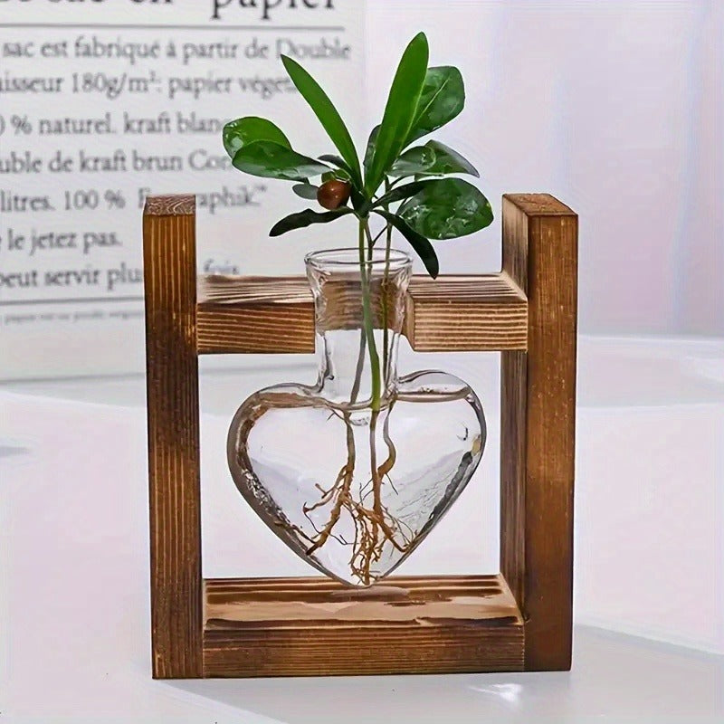 Heart-Bottle Propagation Vase with Wooden Frame in Single, Double or Triple Glass Vessel Options