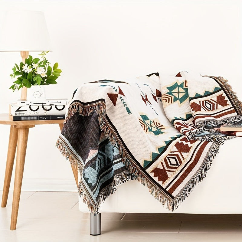 Woven Picnic Blanket with Cream Geometric Bohemian Pattern and 35.43 x 70.86 or 51.18 x 70.86-Inch Sizes