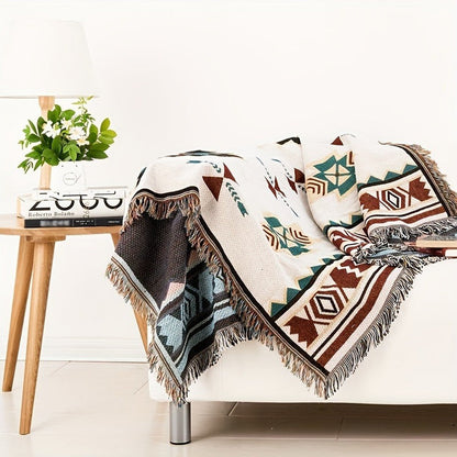Woven Picnic Blanket with Cream Geometric Bohemian Pattern and 35.43 x 70.86 or 51.18 x 70.86-Inch Sizes