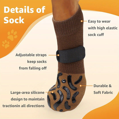 Non-Slip Dog Socks Double-Sided Grip Paw Protector with Adjustable Straps – Anti-Lick Dog Booties for Hardwood Floors, Senior Dogs & Injury Recovery, Sizes XS to L, Set of 4