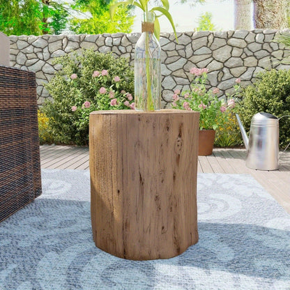 Outdoor Side Table Faux Wood Tree-Stump Design in Magnesia with 220-Pound Source Capacity and Brown Finish