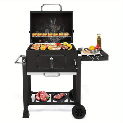 Large Charcoal Grill with Smoker, Height-Adjustable Charcoal Pan, Dual Air Dampers, Built-In Thermometer, Foldable Side Table & Wheels – Heavy-Duty Outdoor BBQ Grill for Patio & Backyard