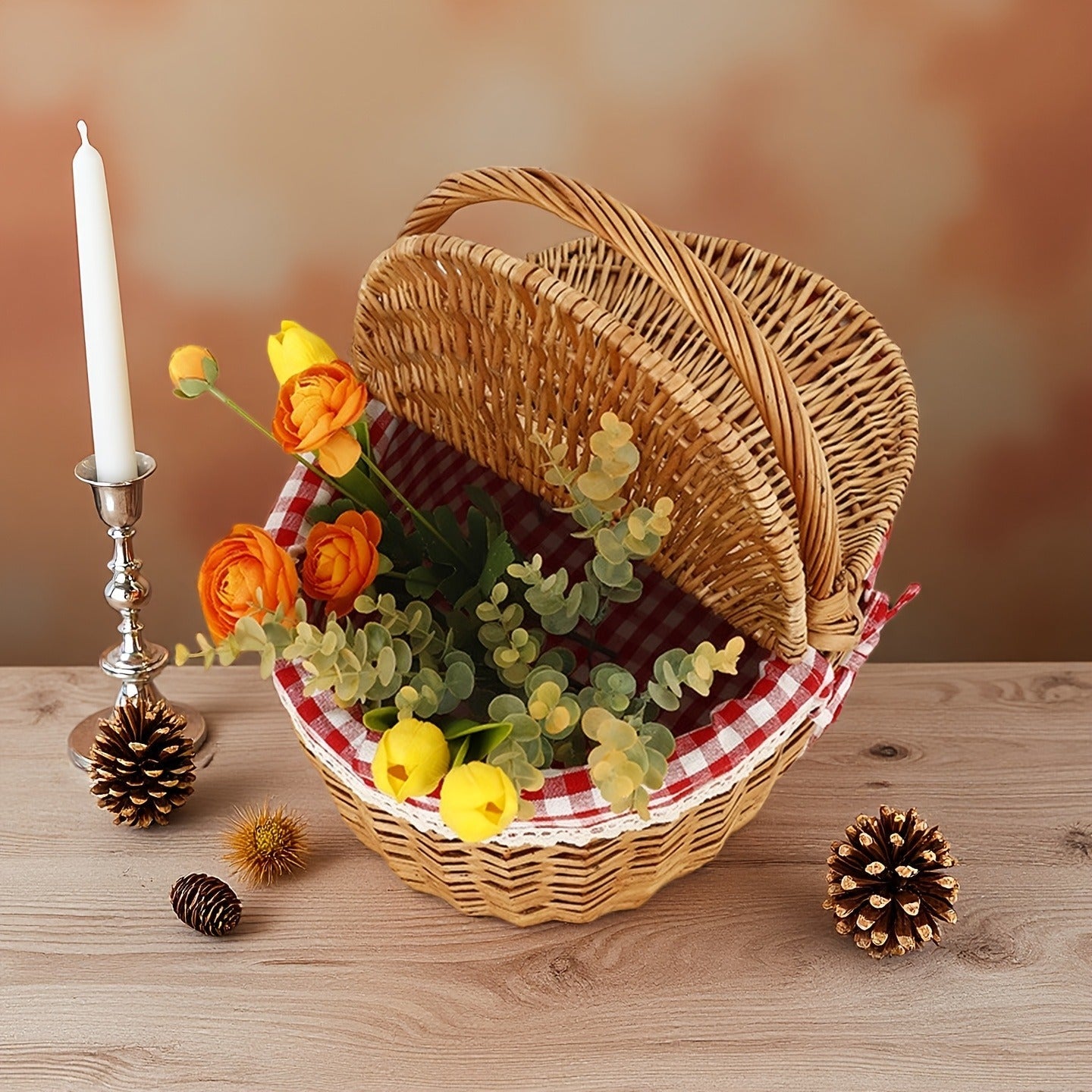 Willow Picnic Hamper Basket with Hinged Lid, Carry Handle and Red Checkered Textile Lining