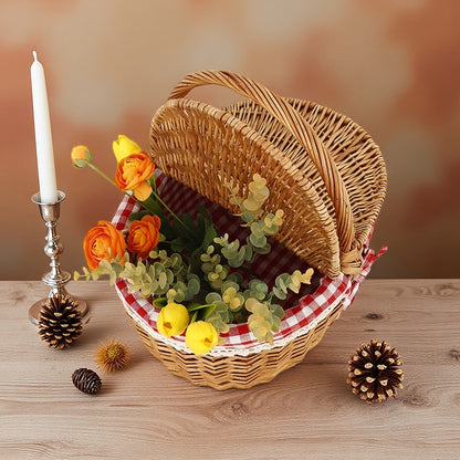 Willow Picnic Hamper Basket with Hinged Lid, Carry Handle and Red Checkered Textile Lining