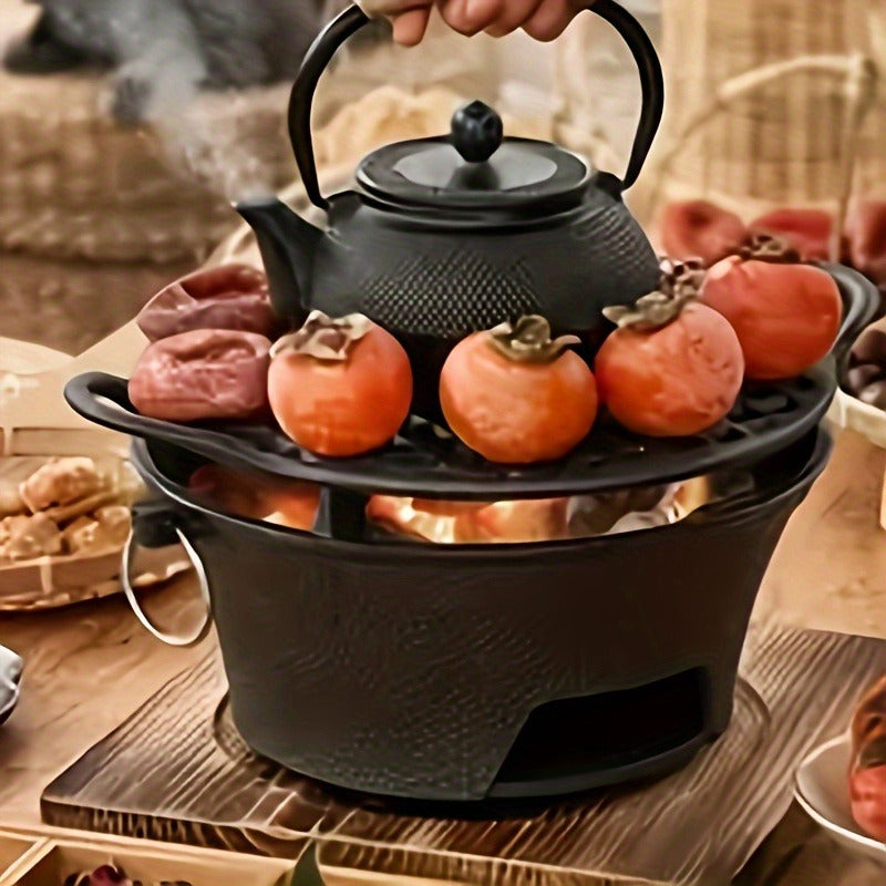 Cast Iron Charcoal Grill Round Portable, Mini BBQ Grill with Wooden Board & Stainless Steel Mesh Tray, Compact Tabletop Charcoal Grill for Outdoor Camping, Pizza, Tea Cooking & Family BBQ