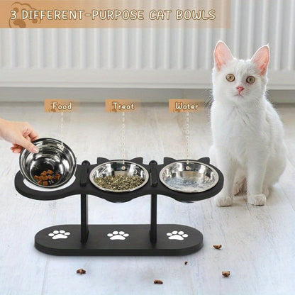 Elevated Cat Bowl Stand with Tilted Stainless Steel Bowls - Adjustable Raised Feeder, Anti-Spill, Black Wood Base for Cats & Small Dogs