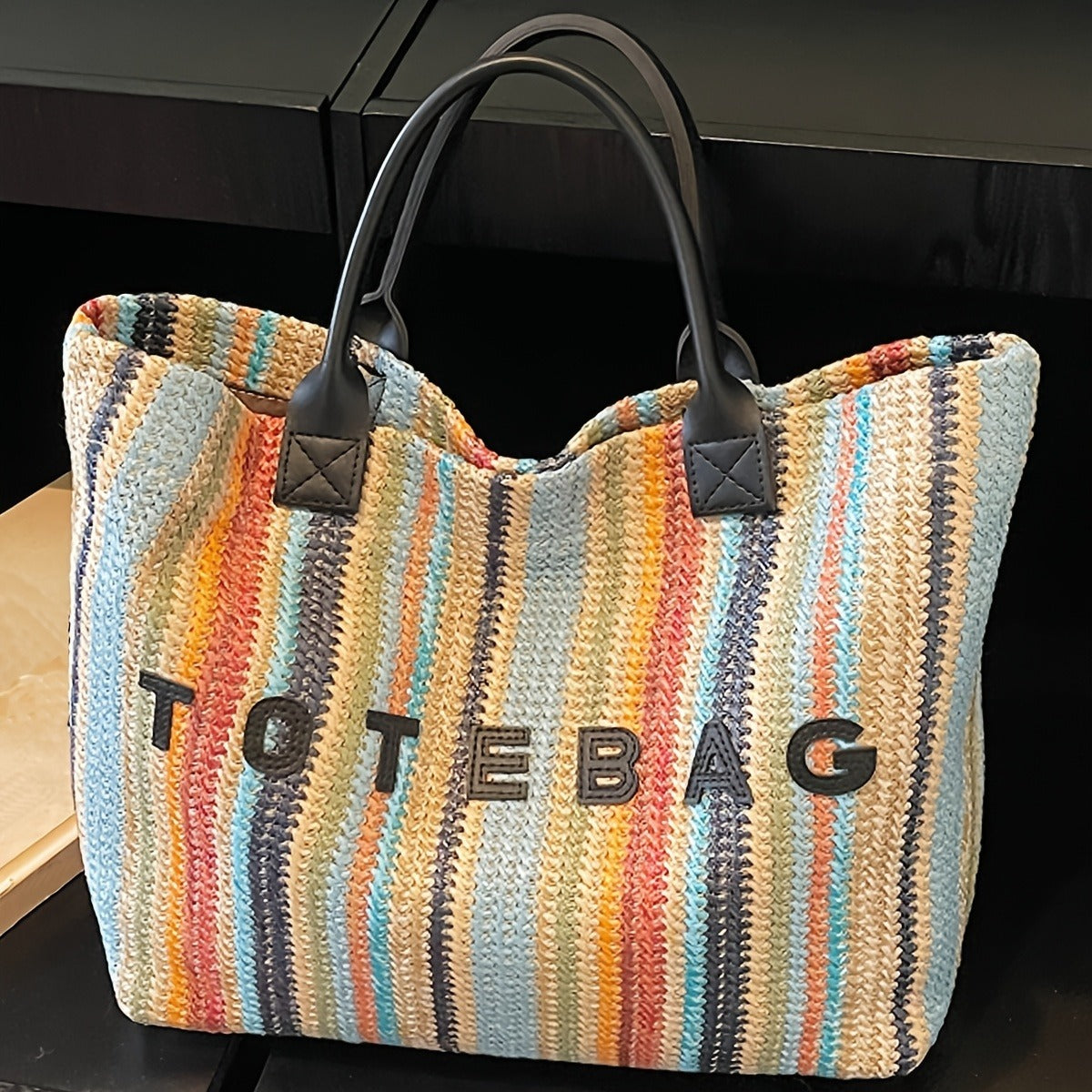 Striped Woven Tote Bag with Letter Detail, Open Top and Black, Green or Brown Handle Options
