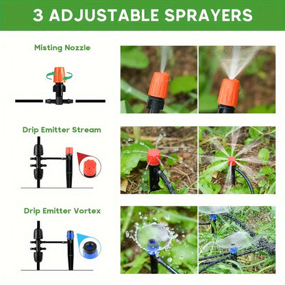 226-Foot Drip Irrigation Kit with Adjustable Emitters, Misting Nozzles and Garden Watering Fittings