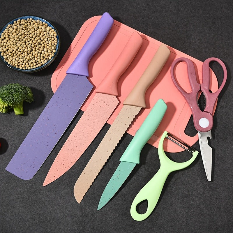 Kitchen Knife Set 7 Piece Stainless Steel Ergonomic Wheat Straw Handle with Cutting Board – Portable Camping Travel Chef Knives for Home Restaurant Outdoor Cooking Gift