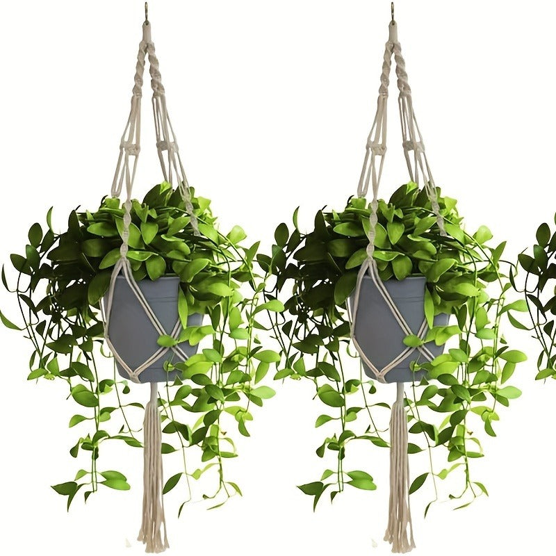 Four-Piece Macrame Plant Hanger Set in White, Black or Natural Rope with Woven Pot Holder Designs