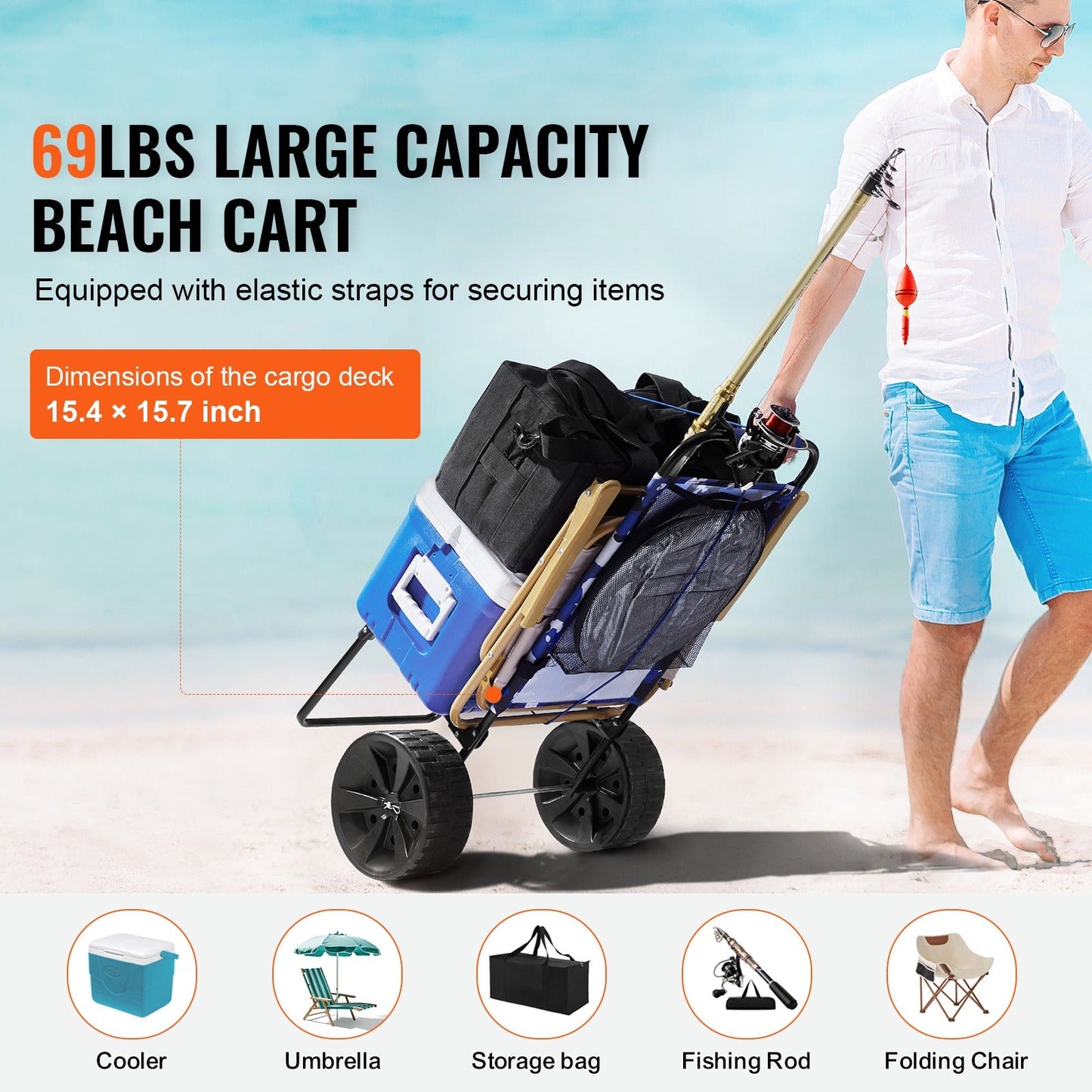 Folding Beach Cart with Balloon Wheels – 165LBS Capacity Sand Dolly for Camping Fishing Picnic Garden