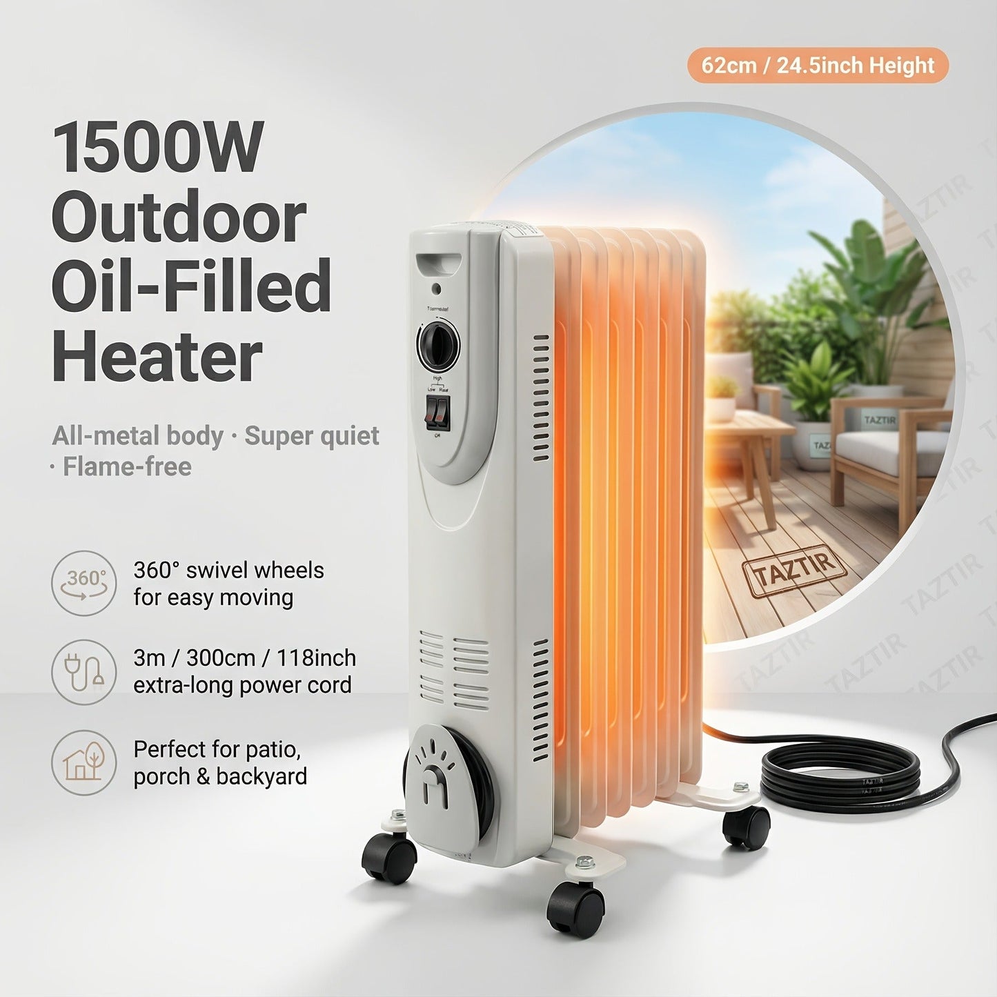 1500W Oil-Filled Radiator Heater with 600W, 900W and 1500W Modes, Thermostat and Caster Wheels