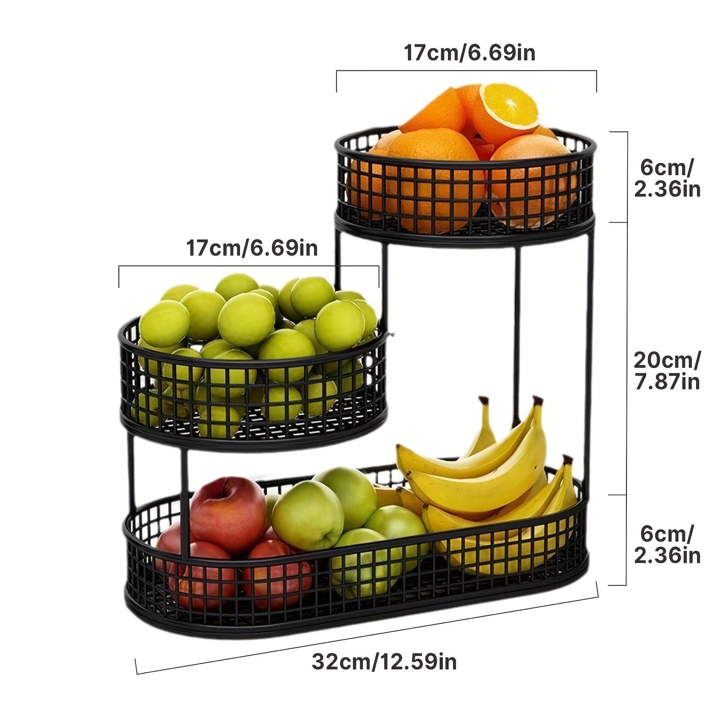Three-Tier Black Wire Fruit Basket with Staggered Round Bowls and Rectangular Countertop Base
