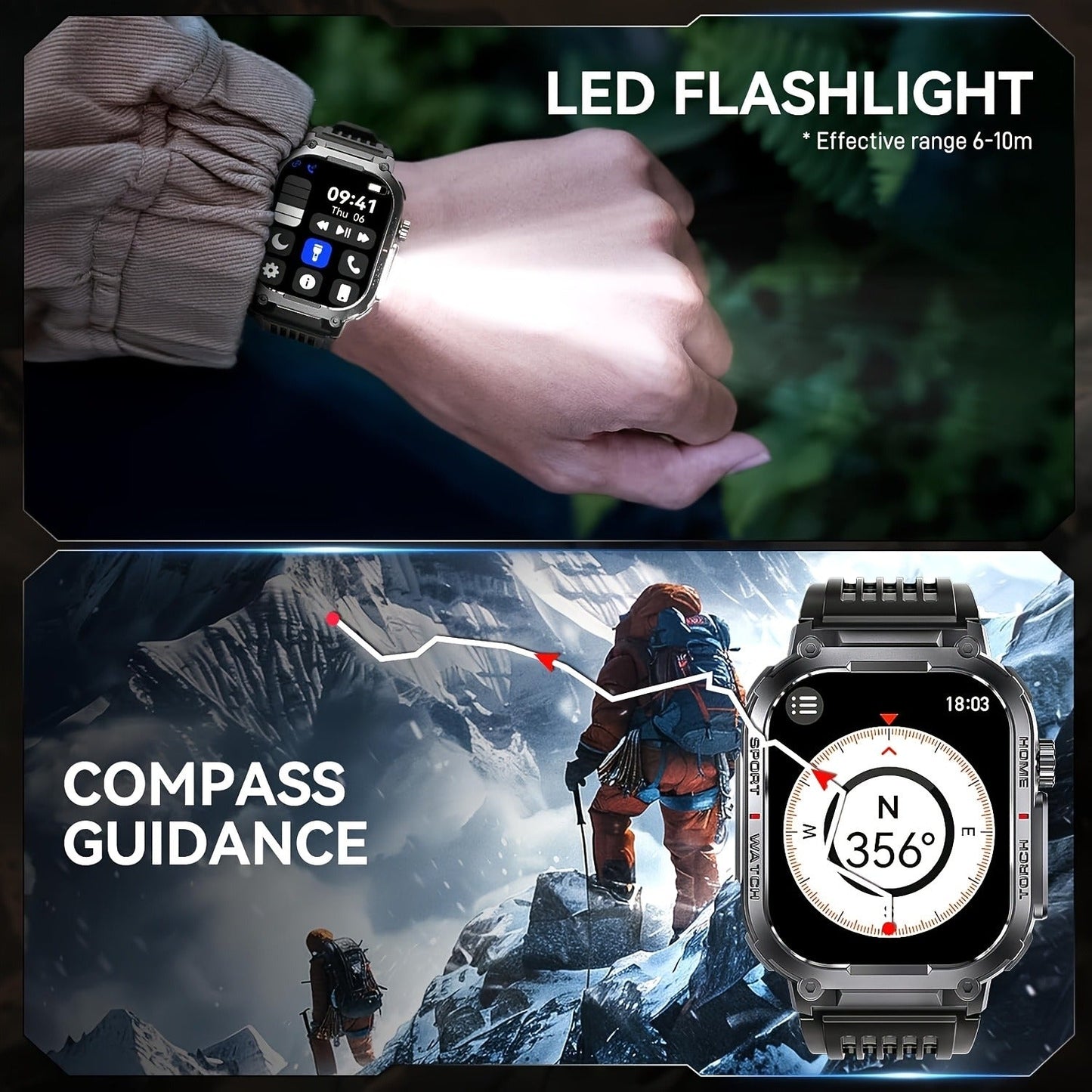 Smart Watch 2.02-Inch Rugged Display with Calling, LED Flashlight, 400mAh Battery and Black Band