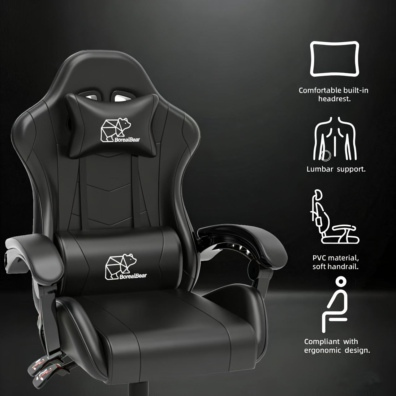 Gaming Chair with Retractable Footrest, Adjustable Lumbar Pillow, Headrest, 360° Swivel and Height Adjustment