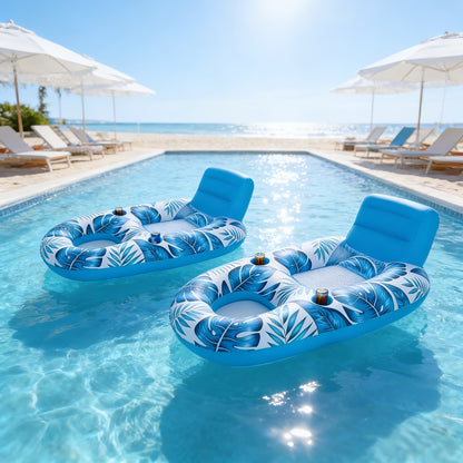 Inflatable Pool Float Set of 2 – 59.1x36.2 Inch Portable Raft with Dual Cup Holders for Pool Beach Lake Outdoor Leisure, Blue & White Seaside Design