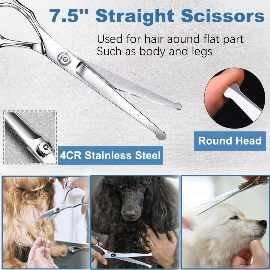 Pet Grooming Scissors Set, Seven-Piece 4CR Stainless Steel Kit with Straight, Curved and Thinning Shears
