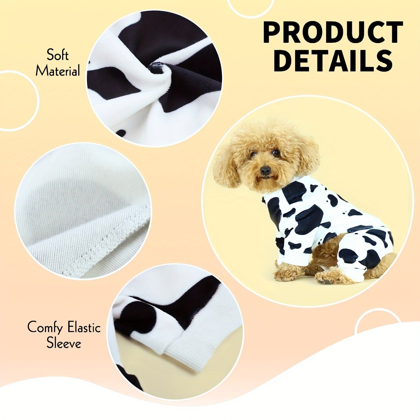 Dog Pajamas Cow Print Soft Knit Pullover Sleepwear for Small Medium Dogs, 100% Polyester Milk Swirl Texture Pet Onesie Loungewear for Year-Round Comfort, Sizes XS S M L XL XXL 3XL 4XL, White