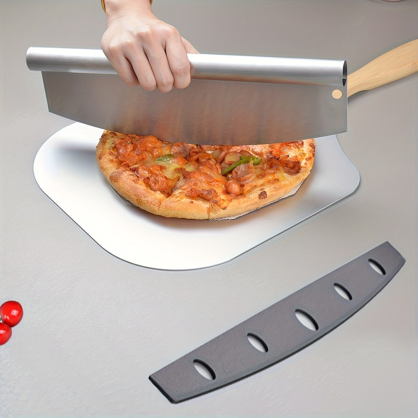 Seven-Piece Pizza Baking Set with Round Stone, Metal Peel, Rocker Cutter, Server, Brush and Gloves