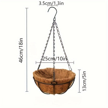 Three-Piece Hanging Flower Basket Set with 10-Inch Coco Liners, Metal Chains and S-Hooks for Porch or Balcony