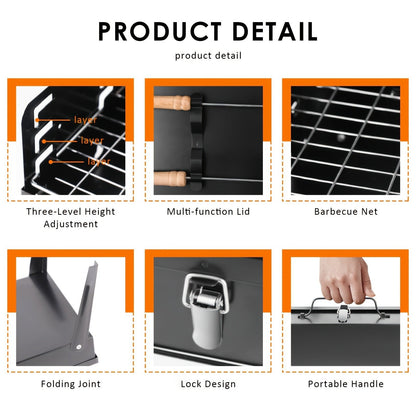 Portable Folding Charcoal Grill with Hood, Raised Grate, Side Vents and Compact Black Steel Body