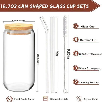 Drinking Glasses Set with Lid and Straw 550ml Oval Glass Cups 4 or 6 Piece – Iced Coffee Smoothie Bubble Tea Juice Tumbler Set for Home Entertaining Gifting