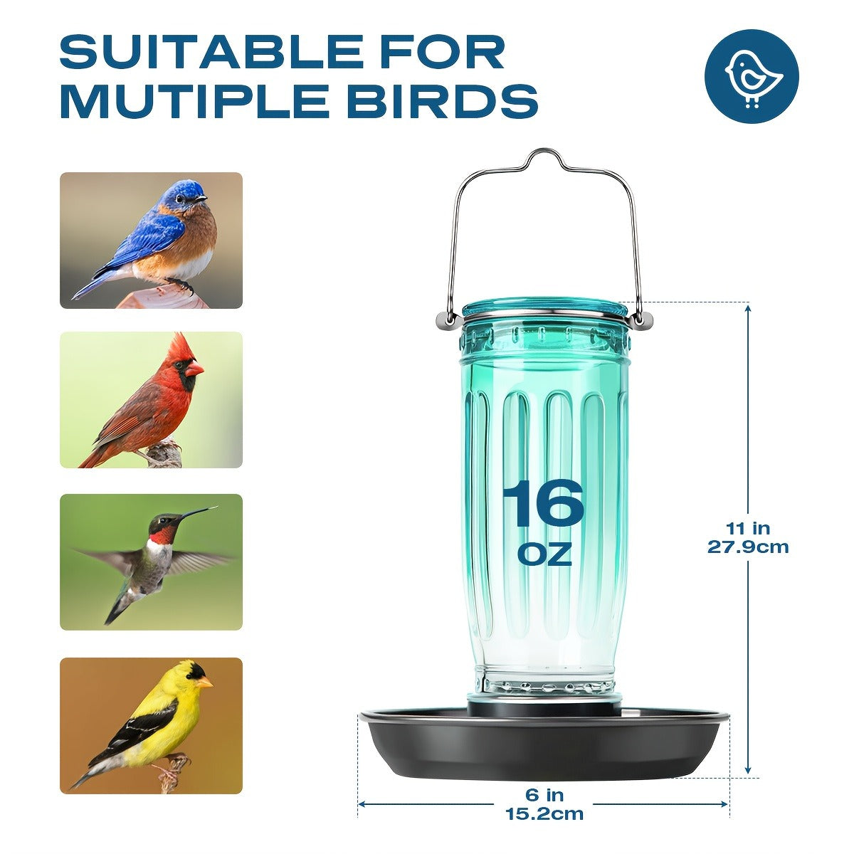 Bird Waterer Outdoor Hanging Glass Wild Bird Water Dispenser with Metal Handle - Gravity Fed Garden Yard Patio Tree Bird Feeder for Cardinals Blue Jays Finches Sparrows Bird Lover Gift