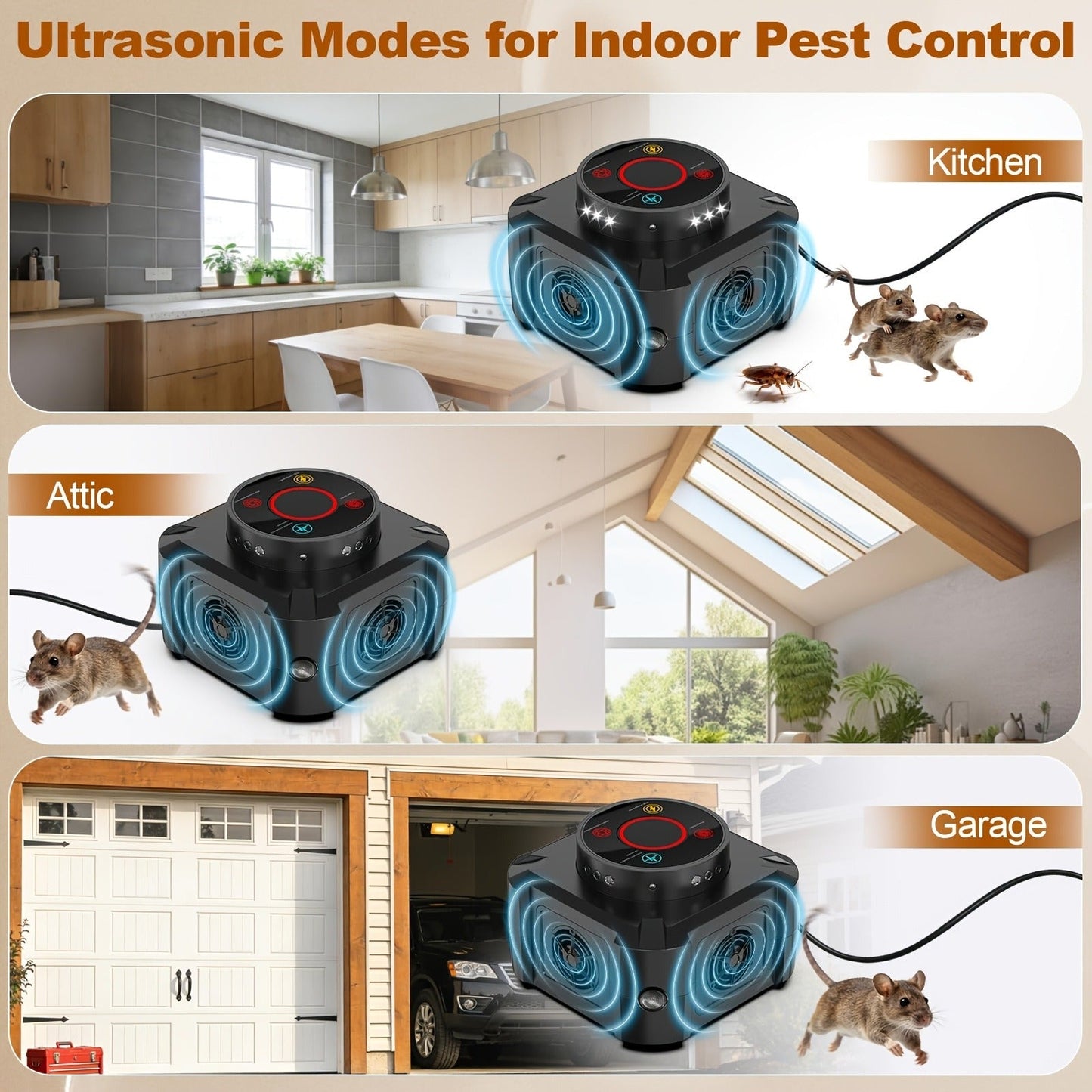 Four-Mode Ultrasonic Pest Control Device with 12 LED Strobes, Independent Switches and One or Two-Pack Options
