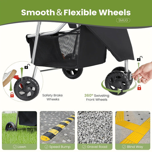 Black Three-Wheel Pet Stroller with Mesh Cabin, Front Cover, Cup Tray and Lower Storage Basket