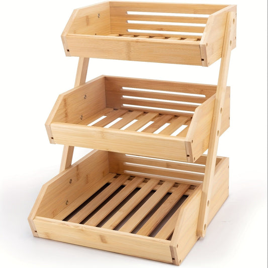 Fruit Basket Stand 2 & 3 Tier Wooden Countertop Organizer Large Capacity Kitchen Storage for Fruits Vegetables Bread Produce with Banana Hooks Natural Wood