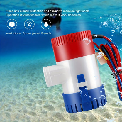 12V 1100GPH-Label Submersible Bilge Pump with Cylindrical Strainer and Side Outlet for Boat or RV Drainage