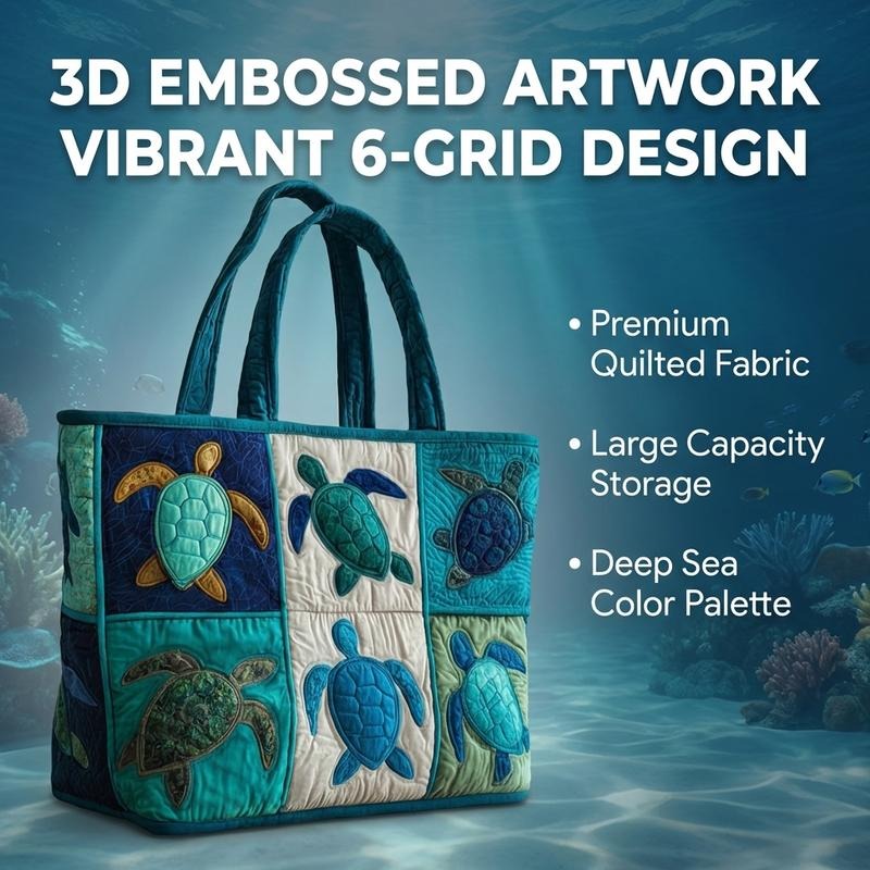 Sea Turtle Patchwork Tote Bag with Quilted Panels, Teal Handles and 17 x 15.75-Inch Checkout Size