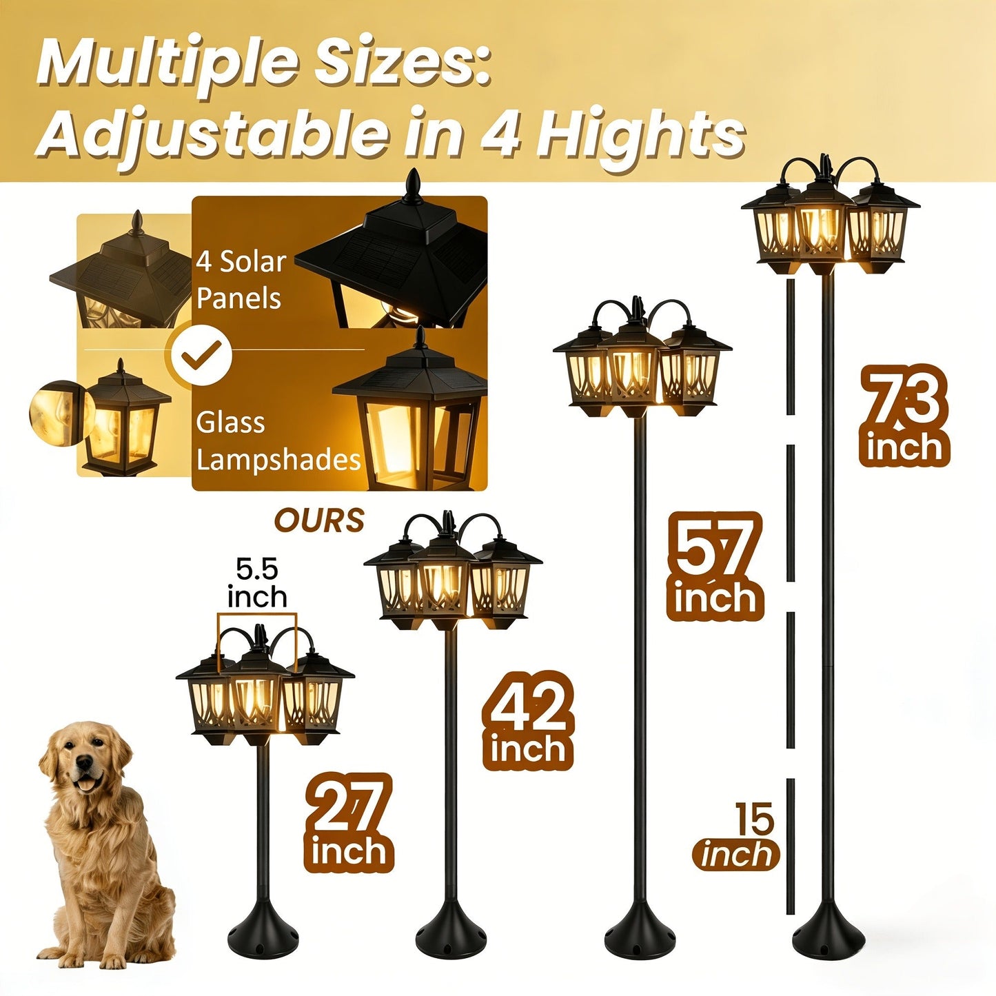 Solar Lamp Post 73in 3-Head Dusk to Dawn Outdoor Garden Light IP44 Waterproof Aluminum Rust-Proof Vintage Edison Bulb Patio Yard Pathway Decor