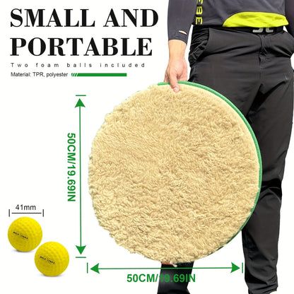 Round Golf Bunker Practice Mat with 19.69-Inch Diameter, Two Yellow Practice Balls and Green Border