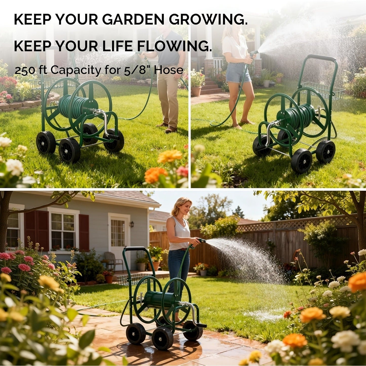 Four-Wheel Garden Hose Reel Cart in Green with Crank Handle, Storage Basket and Padded Push Grip