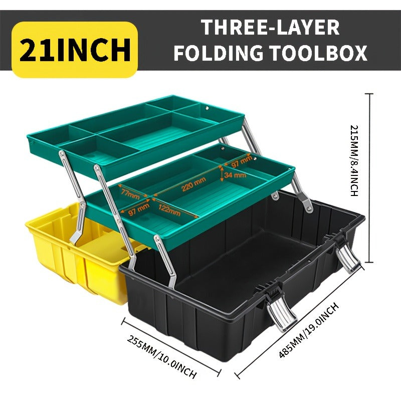 Portable Toolbox Organizer with Tray & Dividers – 17/21 Inch reinforced 3-Layer Folding Tool Storage Box for Home, Garage & Workshop