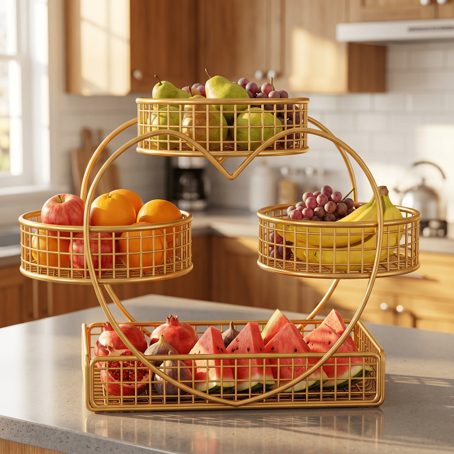 Wire Fruit Stand 3-Tier Golden Metal Basket | Large Capacity Kitchen Counter Organizer for Fruits Vegetables Bread Snacks Produce