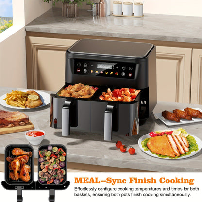 10Qt Dual-Basket Air Fryer with Two Viewing Windows, Sync Controls, Touch Panel and 50 Paper Liners