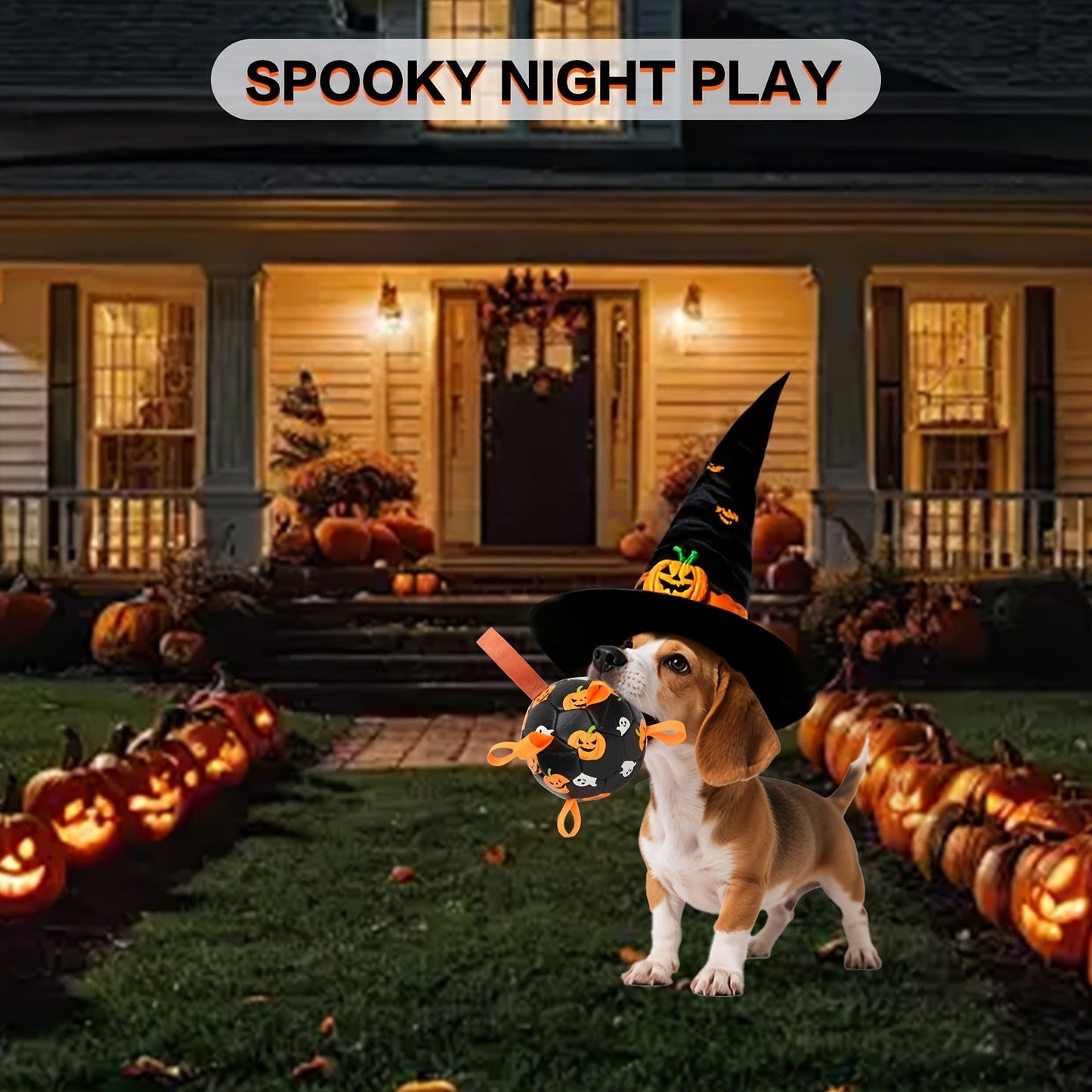 Dog Toy Halloween Pumpkin-Ghost Football with Pump, Strap and 6 or 7.28-Inch Size Options for Dogs