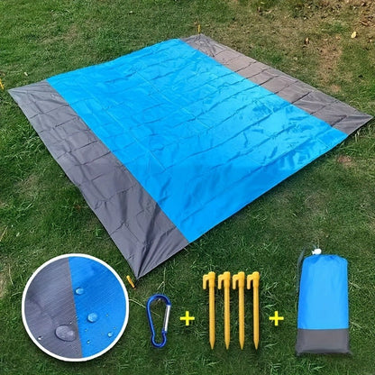 210 x 200cm Picnic Mat with Blue Center Panel, Grey Border, Drawstring Carry Pouch and Ground Stakes