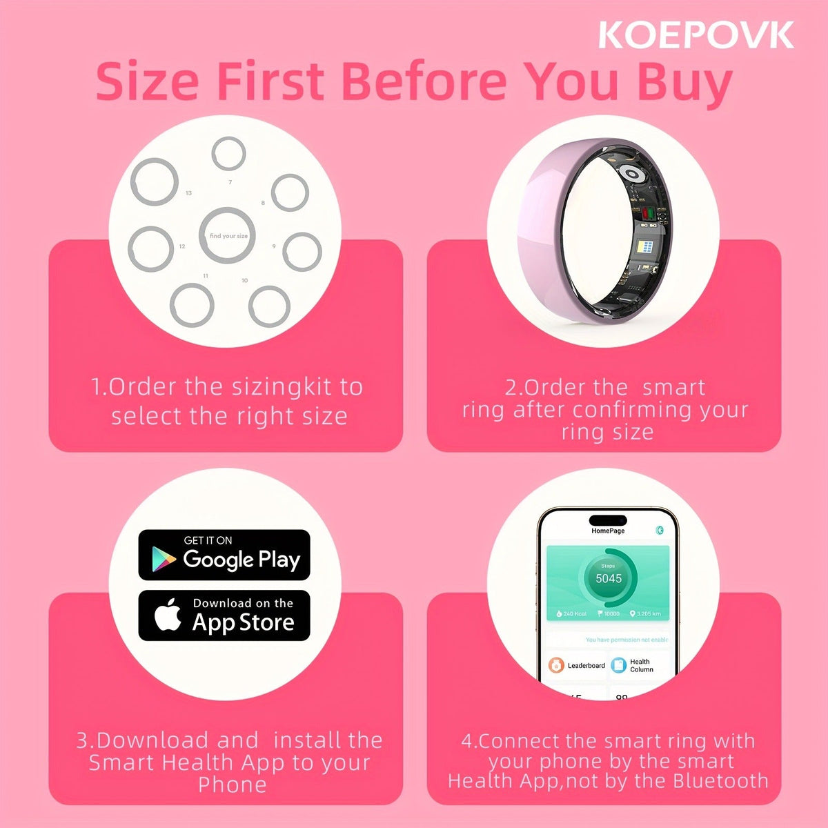 N-Style Smart Ring with Screenless Sensor Design, Charging Case, Black, Pink or White Finish and Sizes 7–13