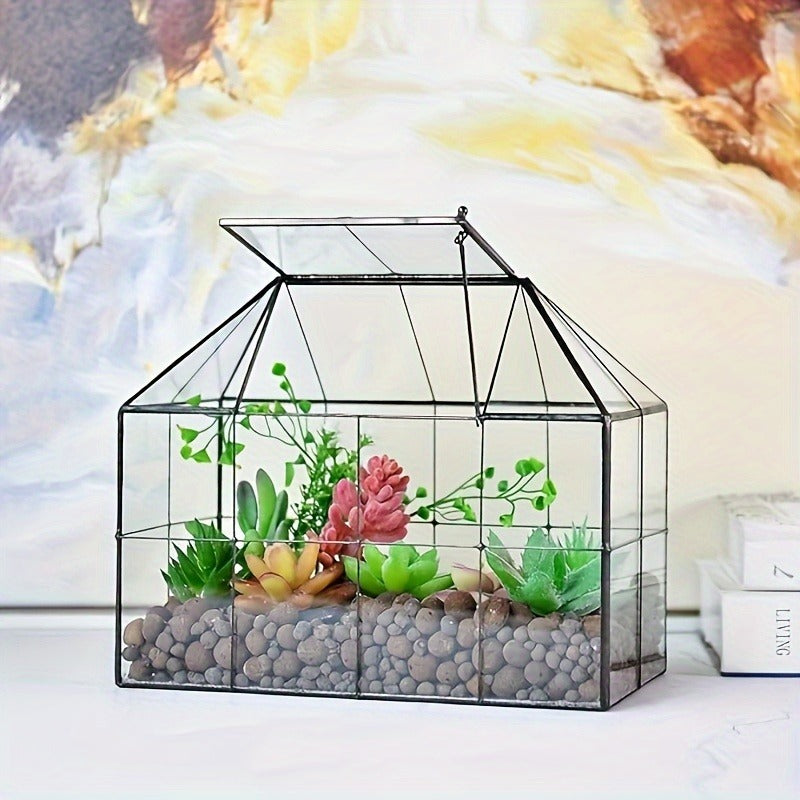 Geometric Glass Terrarium with Swing Lid 9.84x5.31x7.87 Inch Victorian Wardian Case for Succulents Cactus Air Plants Ferns Indoor Desktop Decor Black