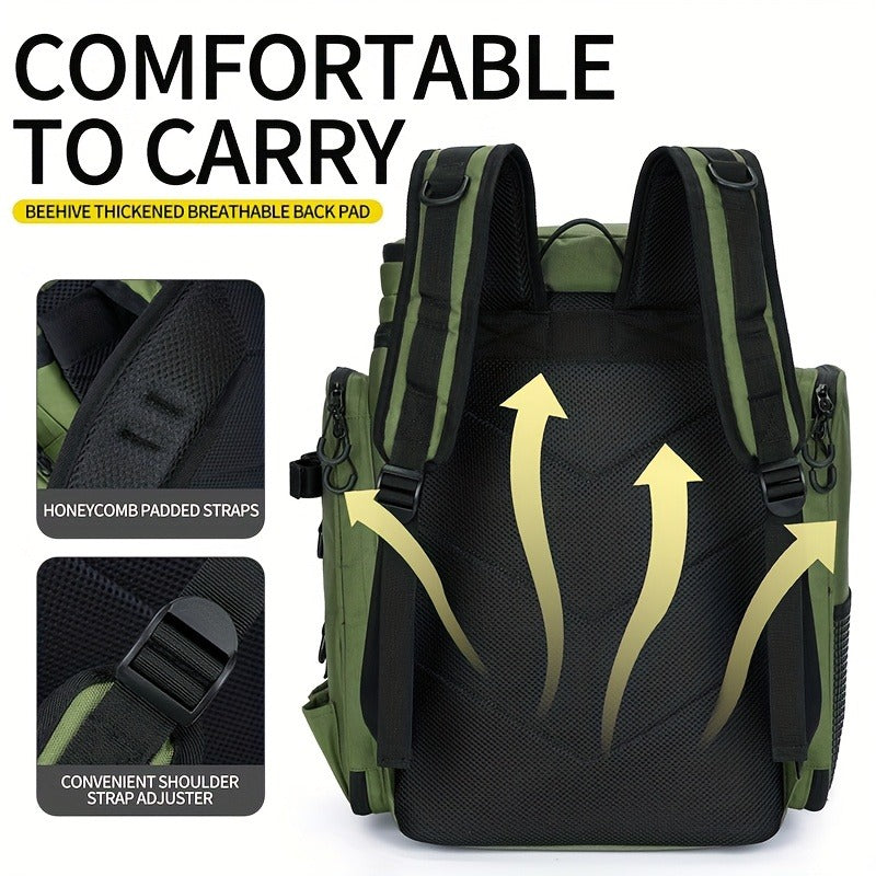 Black Camouflage Fishing Backpack with Twin Shoulder Straps, Front Zip Compartments and Side Rod Loops