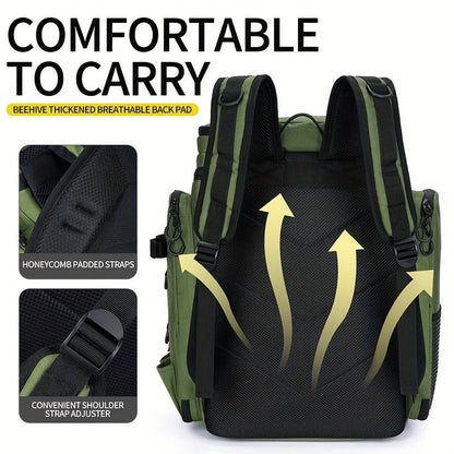 Black Camouflage Fishing Backpack with Twin Shoulder Straps, Front Zip Compartments and Side Rod Loops