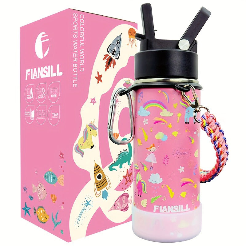 FIANSILL 16oz Stainless Steel Water Bottle with Flip-Up Straw Lid, Wrist Strap, Carabiner and Eight Prints