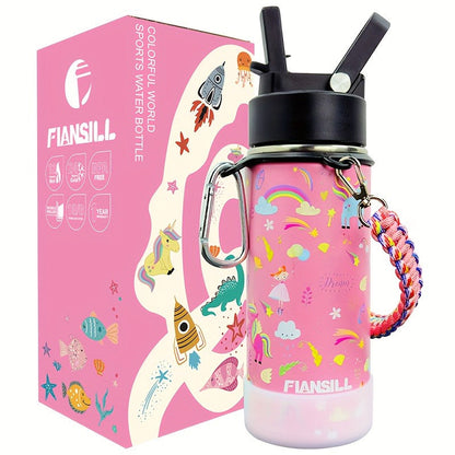 FIANSILL 16oz Stainless Steel Water Bottle with Flip-Up Straw Lid, Wrist Strap, Carabiner and Eight Prints
