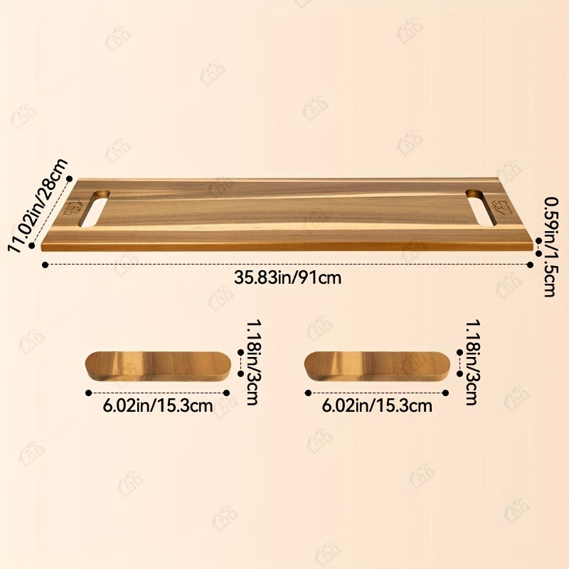 Extra-Long 36 x 11-Inch Wood-Color Charcuterie Board with Recessed Handles and Two Display Stands