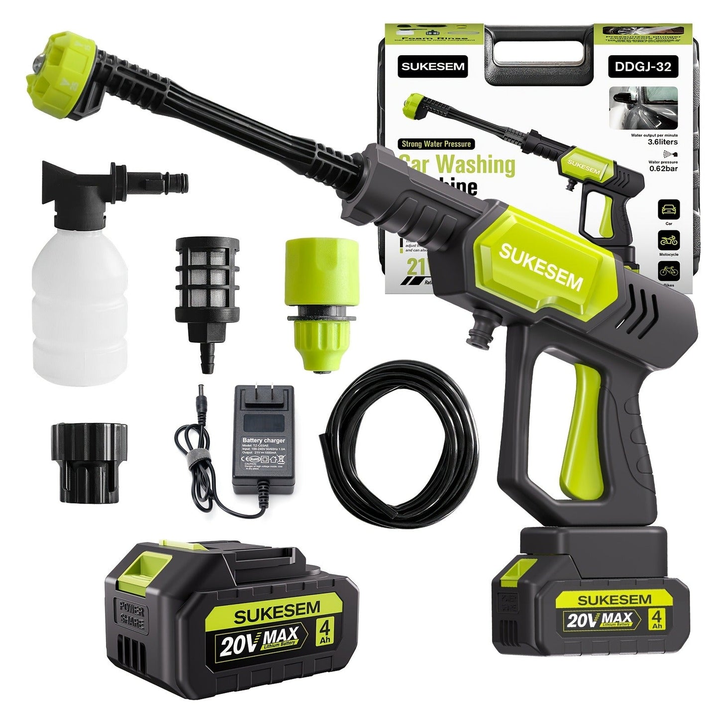 Cordless Pressure Washer Battery Powered Portable Car Wash Gun High Pressure Cleaner for Cars Yards Gardens Patios Driveways with Rechargeable Battery & Accessories