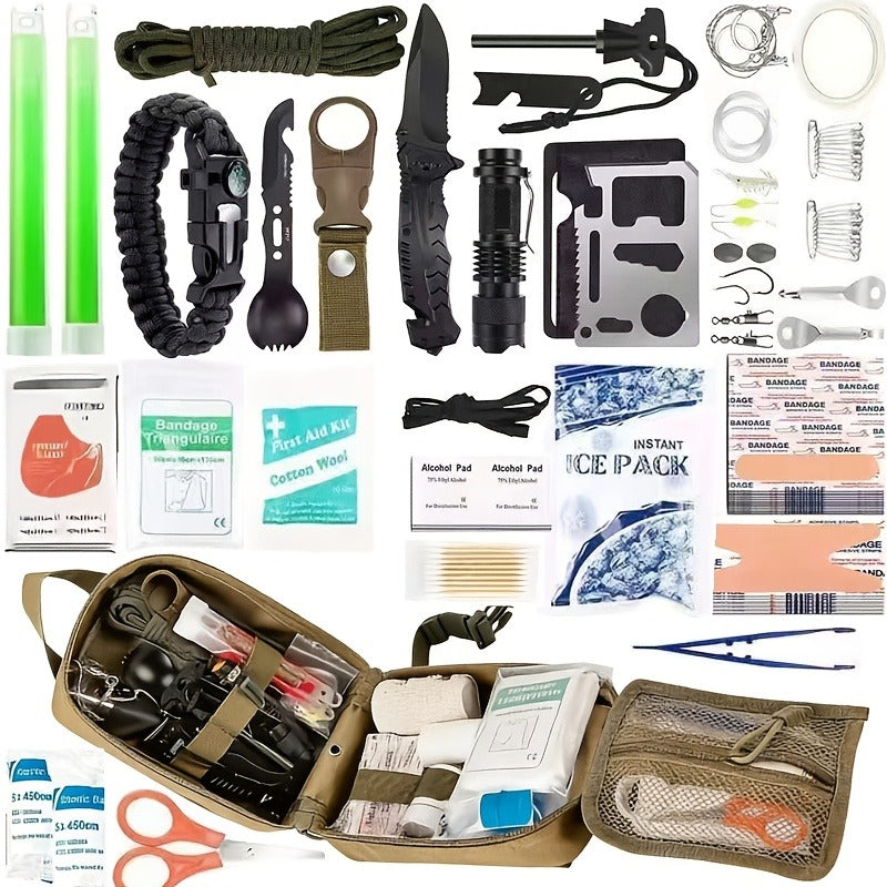 217-Piece Outdoor Tool and First Aid Supply Kit with MOLLE Bag in Nine Color-Labeled Options