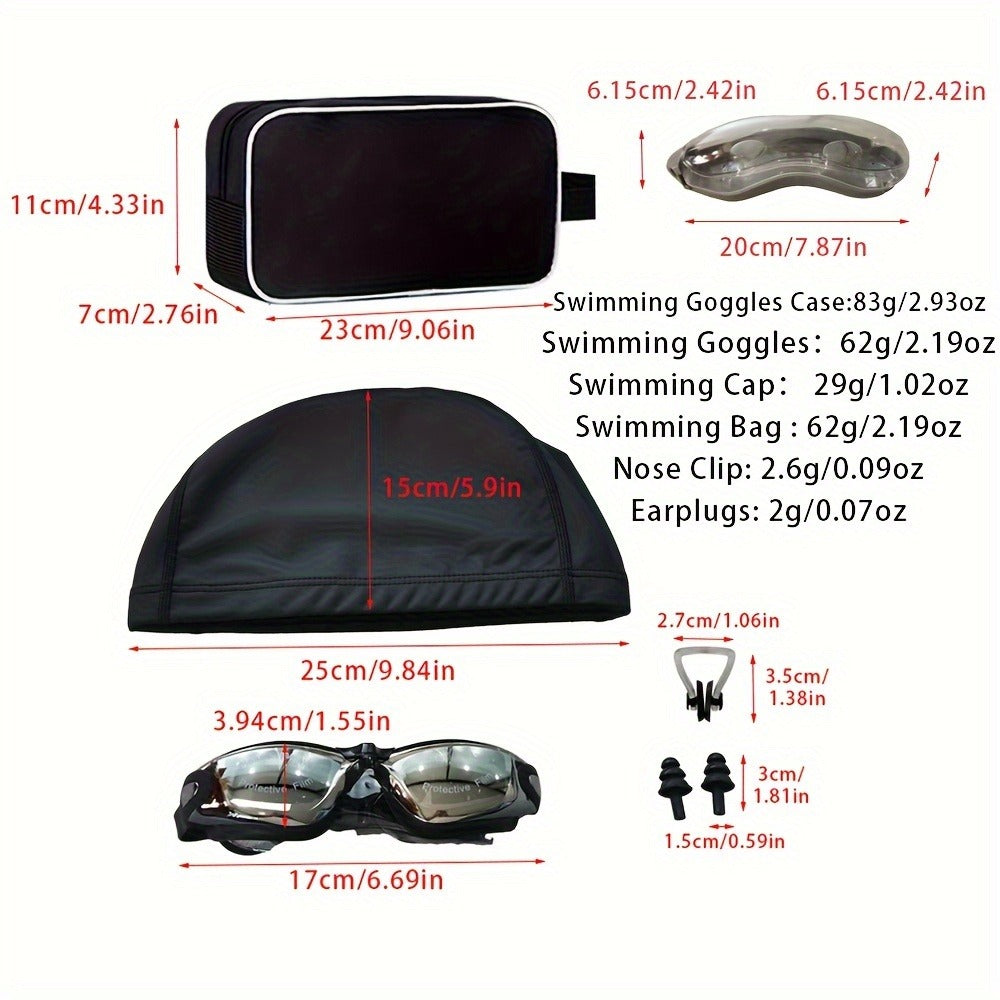 Adult Swimming Goggles Six-Piece Set with Black Silver-Look Lenses, Swim Cap, Case, Nose Clip, Earplugs and Bag